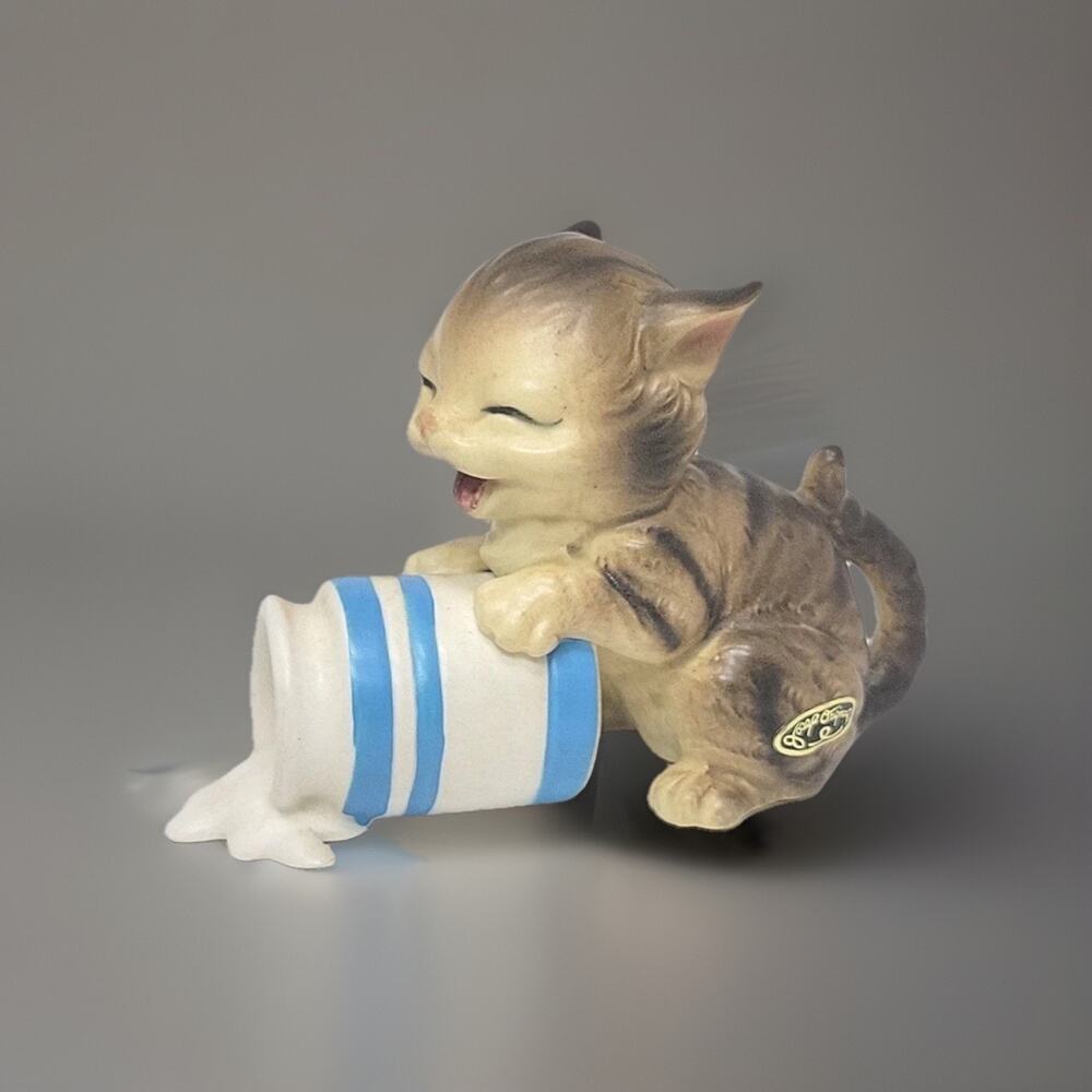 Vintage Josef Originals Kitten Spilled Milk Figurine Cute Cat Japan MCM sticker